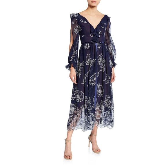MARCHESA notte Dresses & Skirts - Marchesa Notte Floral Midi Dress Embroidered Long-Sleeve Tulle Navy Blue Size 6